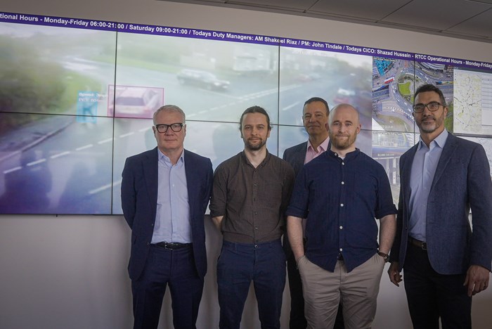 Mayor Richard Parker (left) with Road Safety Commissioner Mat MacDonald, Darren Divall, Road Safety Manager for TfWM and VivaCity partners Shane Foley and Rob Stait at the Road Traffic Control Centre (RTCC) where a demonstration of how the technology works in action took place