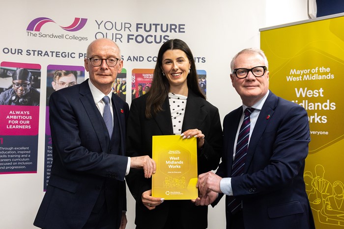 Rt Hon Pat McFadden, Secretary of State for Work and Pensions, British sprinter and Olympian, Amy Hunt, and Richard Parker, Mayor of the West Midlands at the launch of West Midlands Works at Sandwell College, standing in front of banner and holding plan