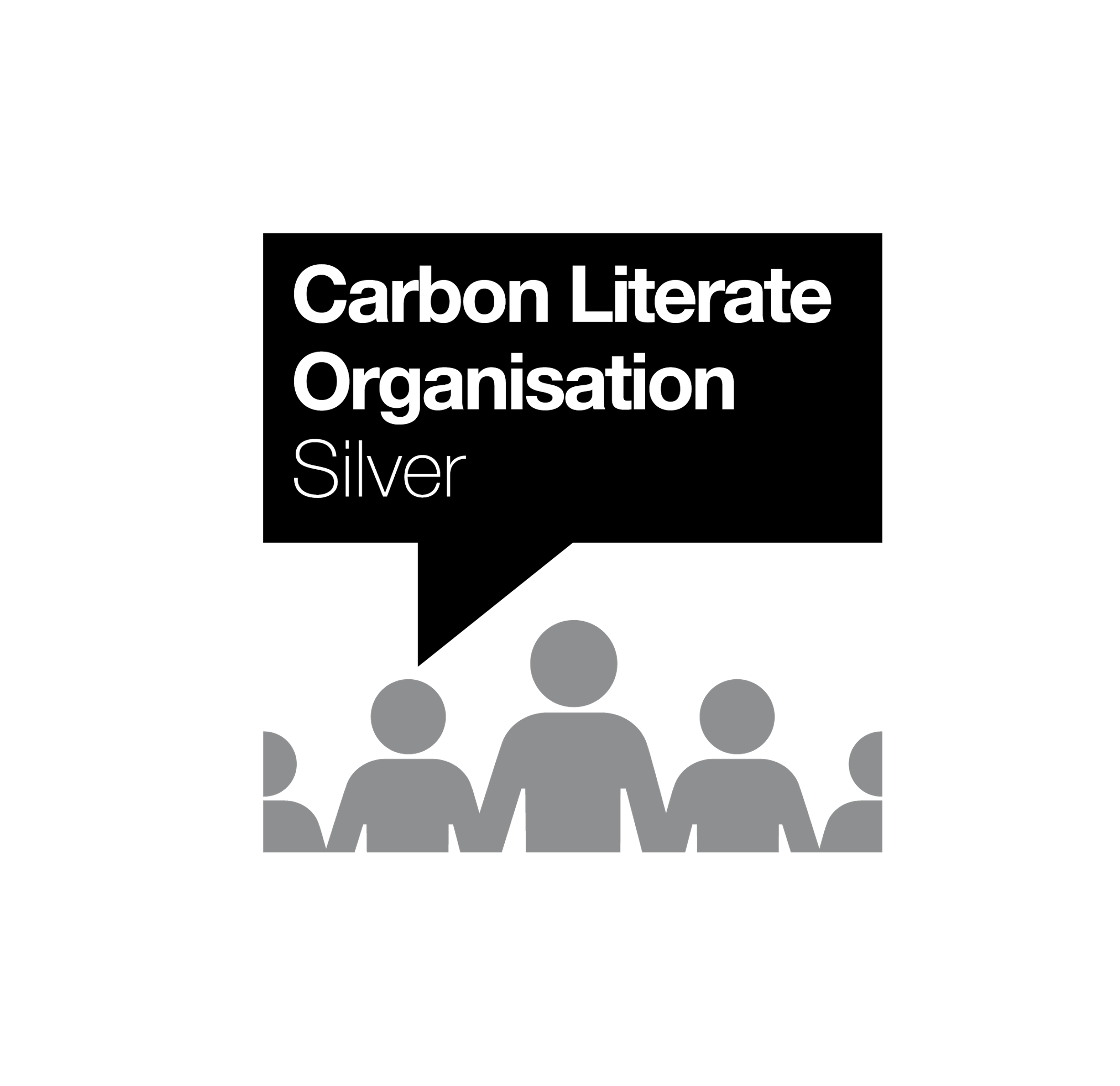 Black graphic with the text "Carbon Literate Organisation" in large white letters and "Silver" below. Along the bottom is a row of grey stylised human figures, with a larger central figure flanked by smaller figures, representing a group or organisation.