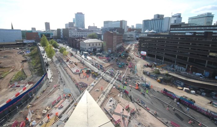 Aerial view of track laying work on Moor Street Queensway in Birmingham City Centre