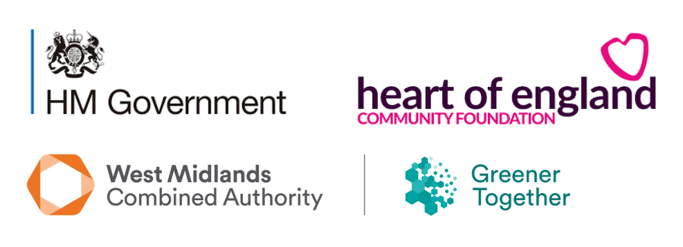 Logos for HM Government, Heart of England Community Foundation, The West Midlands Combined Authority and Greener Together