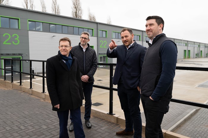 (L-R): Andy Street, Mayor of the West Midlands and Chair of the WMCA, Ed Bradburn, FDC Investment Director, Rob Watts, Development Manager at Chancerygate, and Dan Powers, Project Management Director at the newly completed Holbrook Park in Coventry.