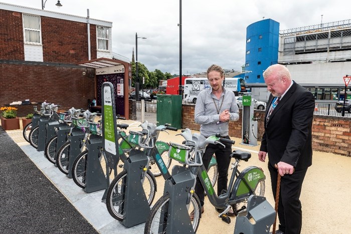 Cllr Damian Corfield, cabinet member for highways and environment, Dudley Metropolitan Borough Council, with Chris Brown, senior future mobility developer at Transport for West Midlands at the Andrew Road Local Travel Point
