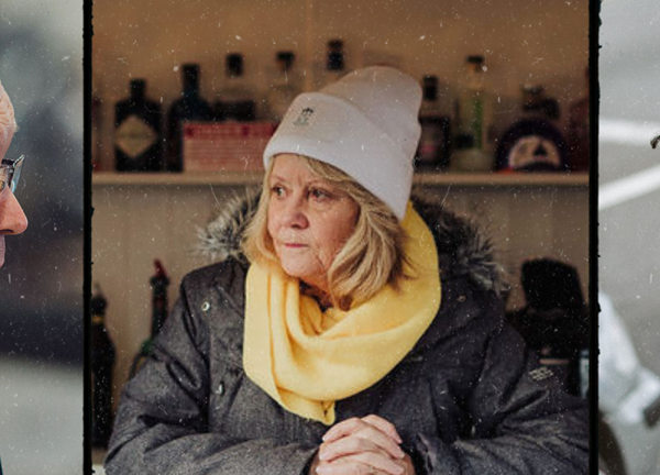 The image is a composite showing firstly a man with glasses looking to his right, then in the centre a woman in a woolly hat and scarf looking to her right and then the right hand side is a woman with a pensive look on his face looking right