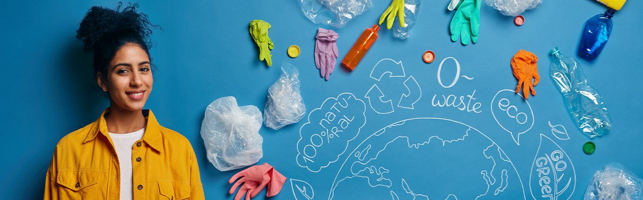 A drawing that says zero-waste, 100% natural and surrounded by recycled materials