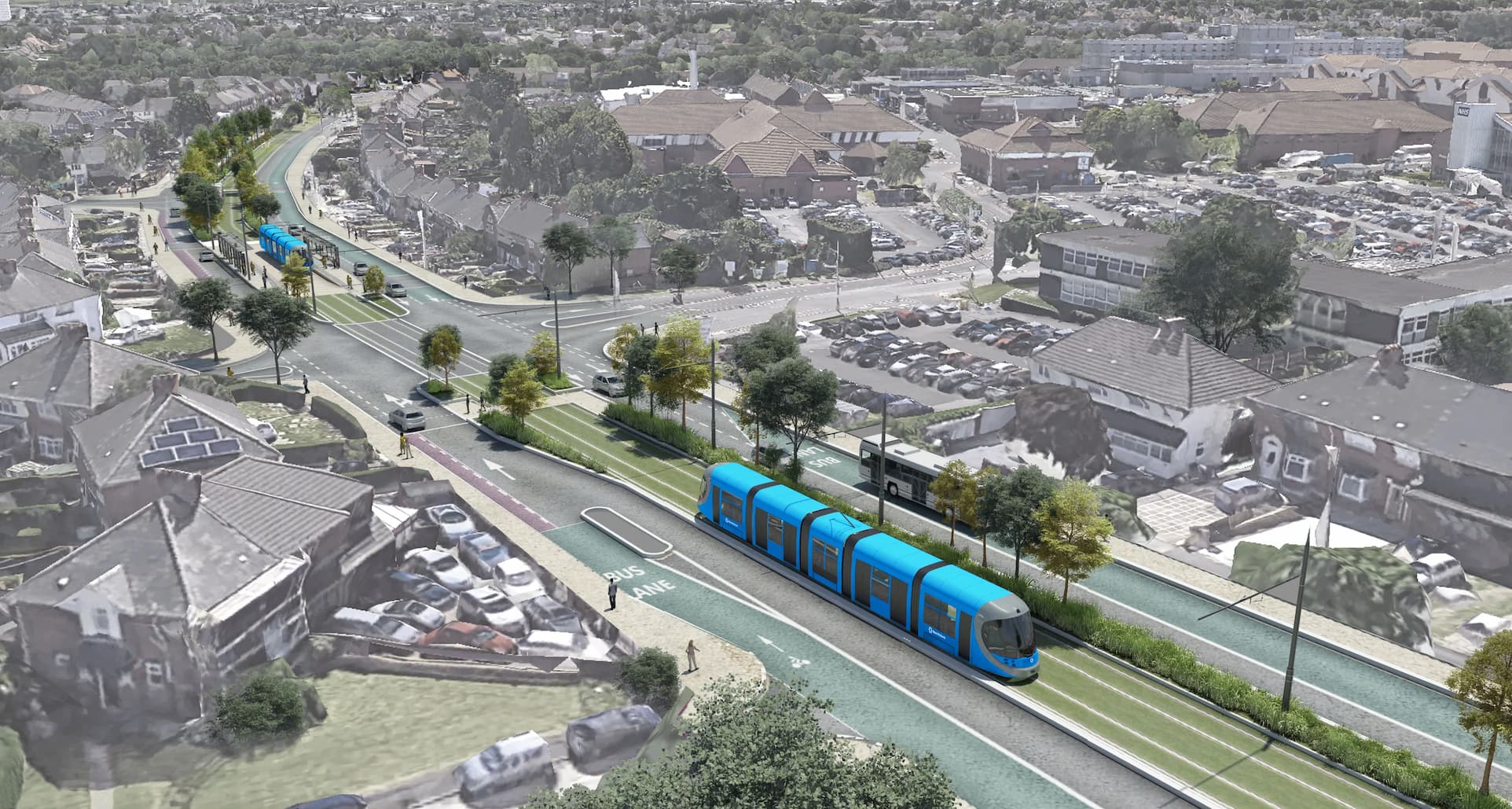 A CGI image of a blue tram passing down a long road with various buildings and shops either side