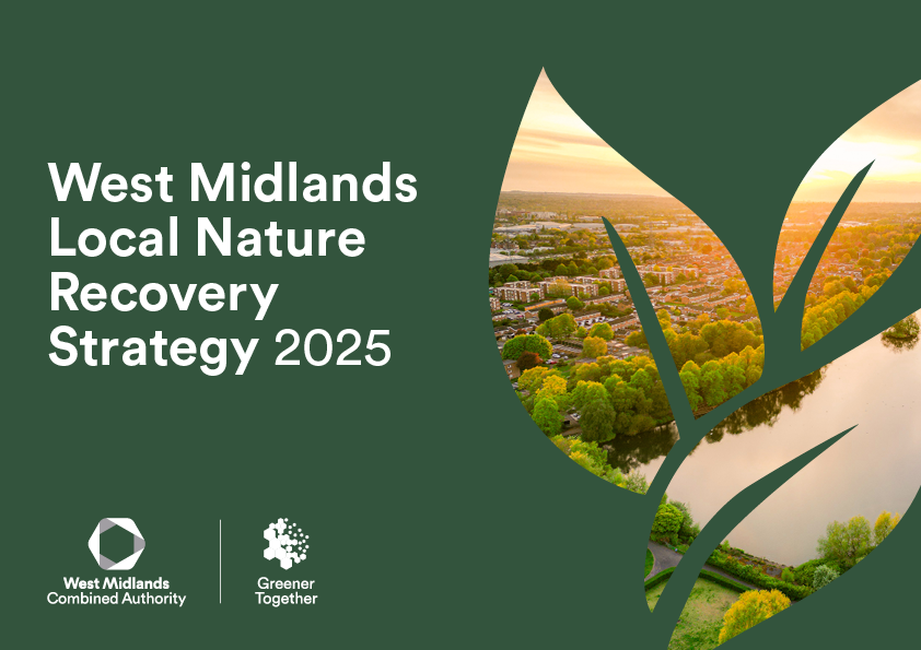 Green background with leaf shapes and text “West Midlands Local Nature Recovery Strategy 2025” plus two logos