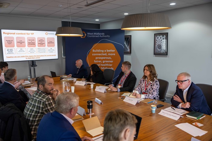 (top left to right): David Tomalin (WMCA), Shilpi Akbar (head of stakeholders and communities) Balfour Beatty VINCI, Dan Heffernan (strategic social value and employment lead) AtkinsRéalis, Kathryn Greenwood (head of resourcing and new talent) Severn Trent Water, Mayor Richard Parker