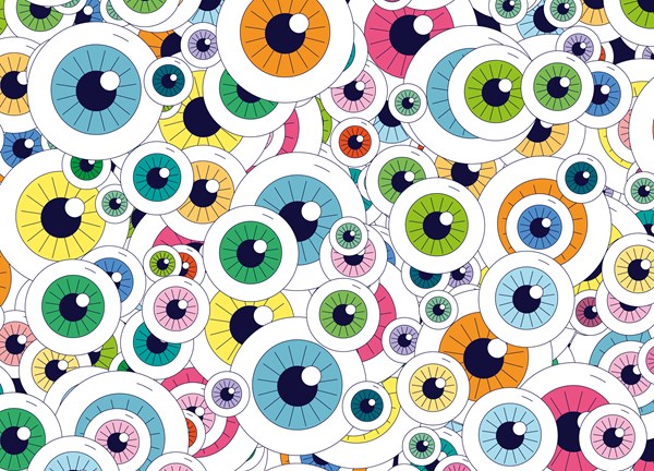 A key art illustration for Creativity Week. Portrayed is a series of cartoon-like illustration of eyes with different colours overlayed on top of each other. 