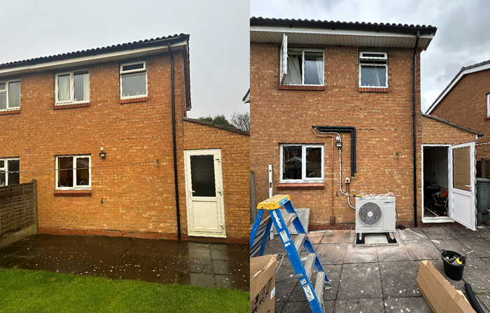 A before and after picture of a house now fitted with a heat pump