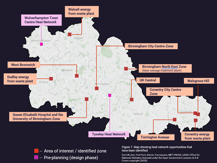 A visualisation of some of the Heat Network Opportunity areas across the WMCA area as mapped in 2025. Representation on this map indicates strong network potential, delivery to be determined