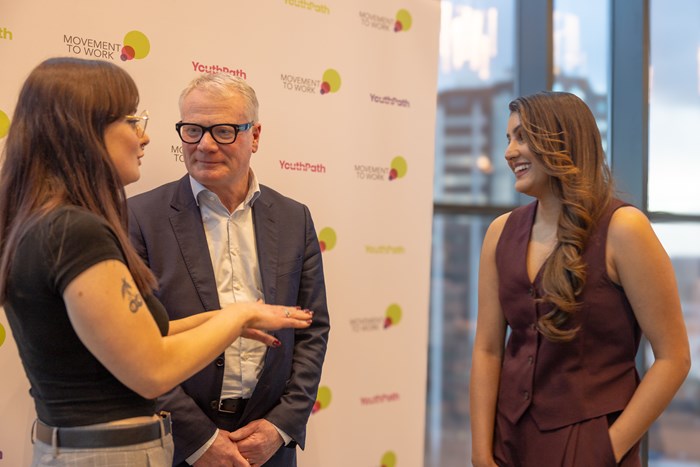 Katie Stansbie, with West Midlands Mayor Richard Parker and Sareena Bains, CEO of Movement to work at the YouthPath launch event
