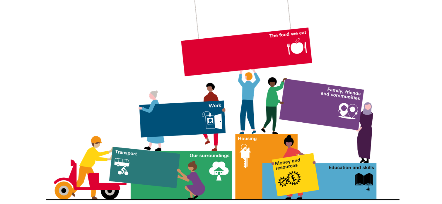 Illustration of the wider determinants of health being assembled as blocks by a diverse group of people: The food we eat, family friends and communities, work, transport, environment, housing, money and resources, education and skills.