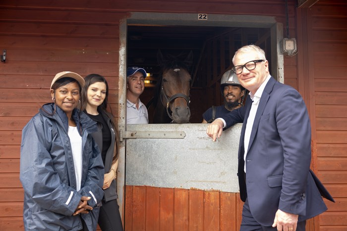 Miyah Mason, Isabelle Padilla, Dominic Elsworth (trainer at RMF), horse Dec, Lewis Foggo (learner) and Richard Parker, Mayor of the West Midlands