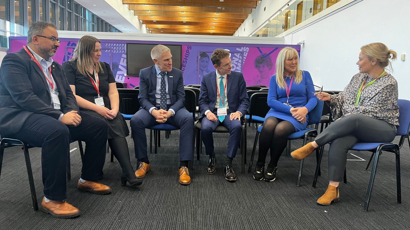 L-R: Mubasshir Ajaz, (Head of health and communities, WMCA), Rachael Clifford, (Senior delivery manager for Healthy Communities & Mental Wellbeing, WMCA), Mike Hopkins (Principal, South & City College Birmingham), Mayor Andy Street, Jacqui Maher (Vice Principal, SCCB), Claire Brooks, (Senior executive director - Student Engagement & Workforce Development, SCCB)