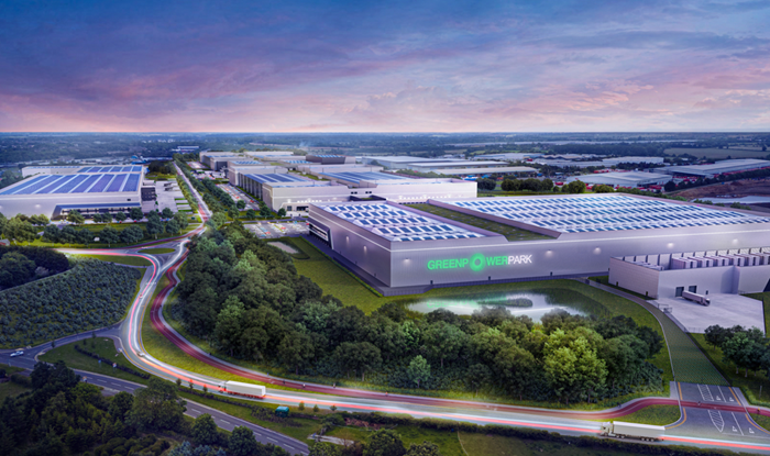 CGI image of a large modern factory with 4 different sites along a road