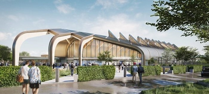 A CGI of the Birmingham Interchange HS2 station next to the airport