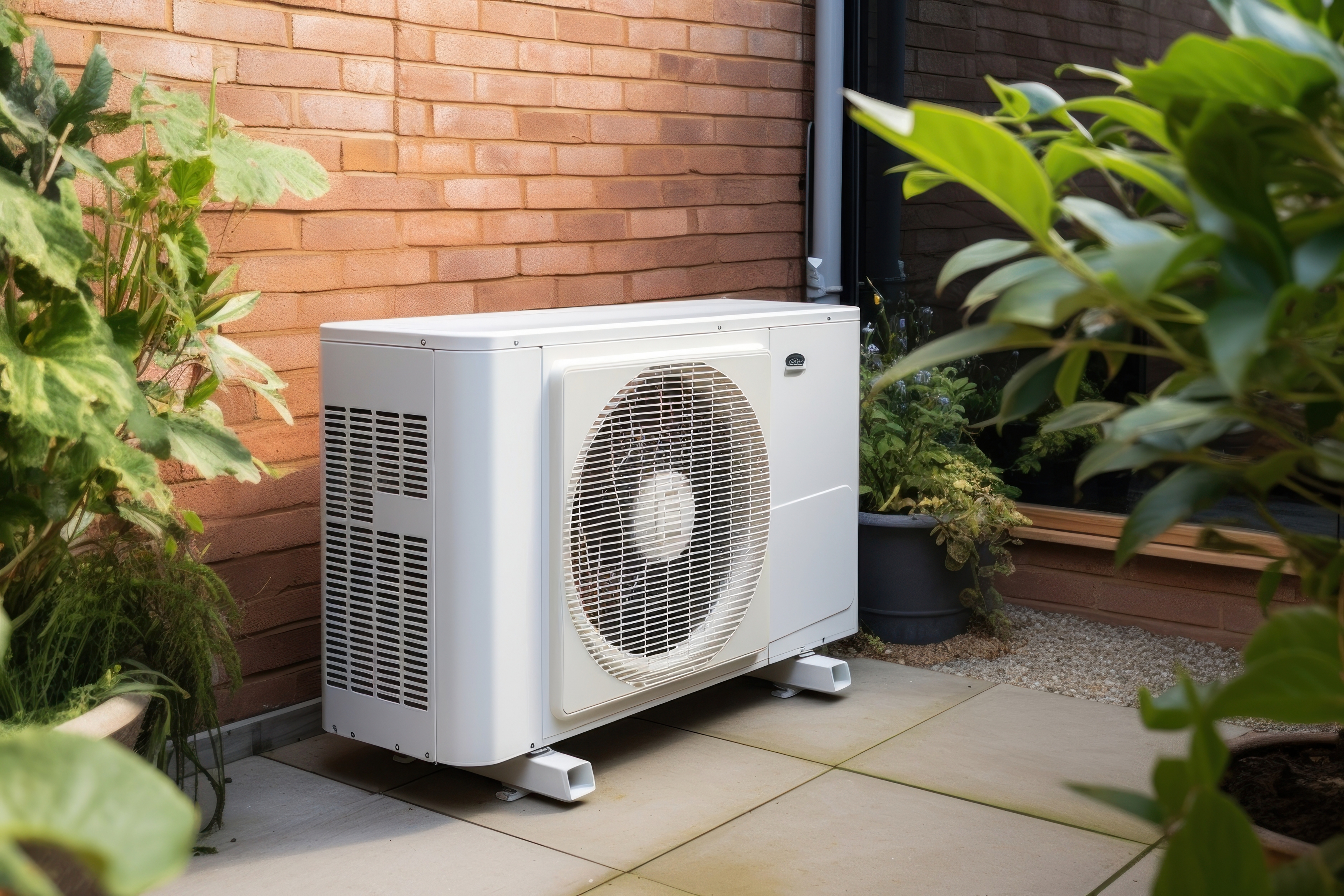 Image from RawPixel, heat pump with greenery.