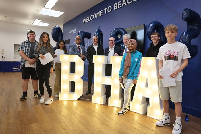 (L-R) Oliver Thompson, Amy Hickman, Brianna Saram, Sukhjot Dhami (principal at Beacon Hill Academy), Martin Dudley (Thomas Dudley), Richard Parker, Mayor of the West Midlands, Lowell Williams (chair of the board of Trustees, Dudley Academies Trust) Manaal Kashif, Kian Turner, Fraser Cadman, at Beacon Hill Academy