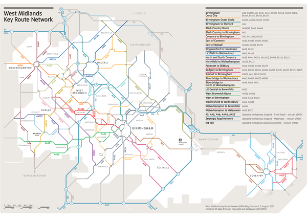 A transit-style schematic map of the West Midlands Key Route Network, featuring color-coded road routes connecting Birmingham, Wolverhampton, Coventry, Dudley, Walsall, and Solihull, with a legend listed on the right.