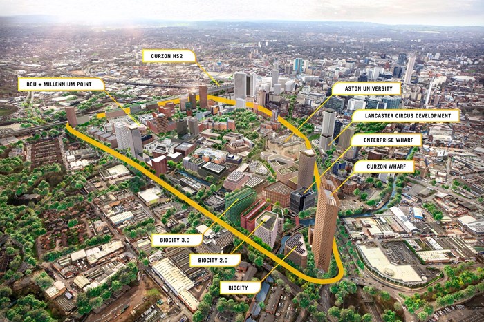 Aerial CGI of buildings in development. The image shows a number potential high rise buildings from above.