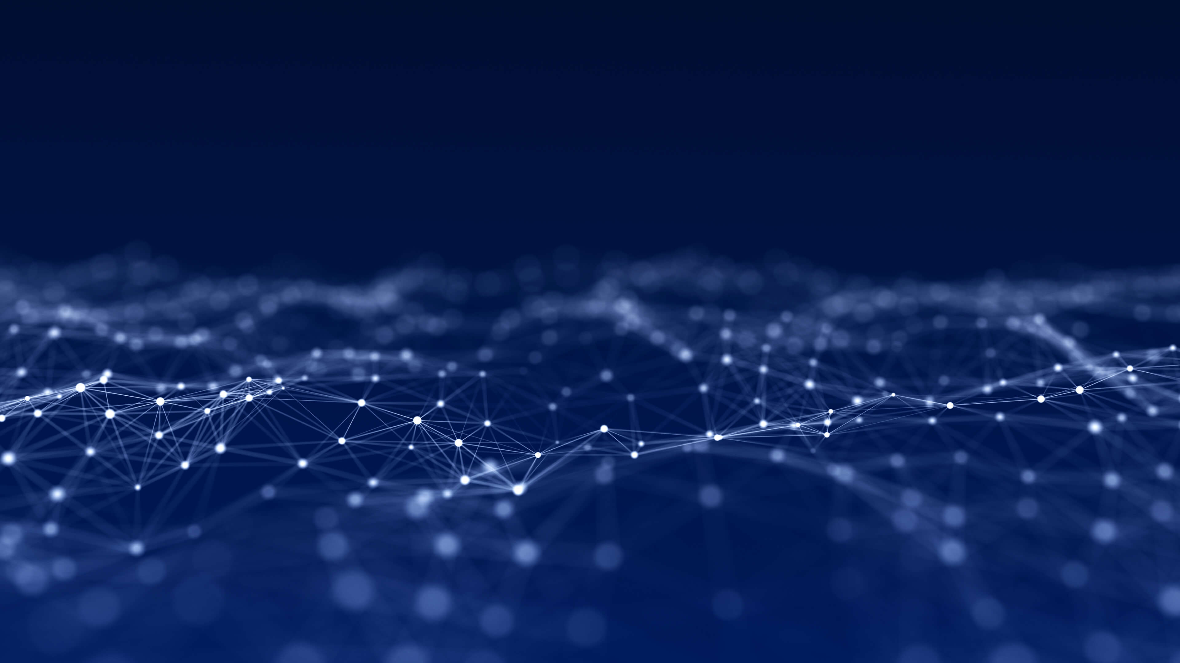 An illustrated image of white nodes connecting together on a blue background. This illustration is aiming to communicate the many digital connections artificial intelligence holds.
