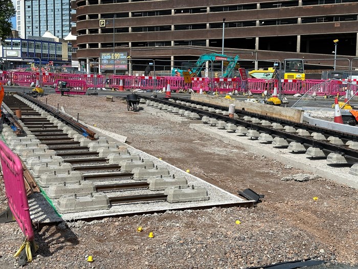 Showing the new Metro track laid in Birmingham city centre near the Dale End car park