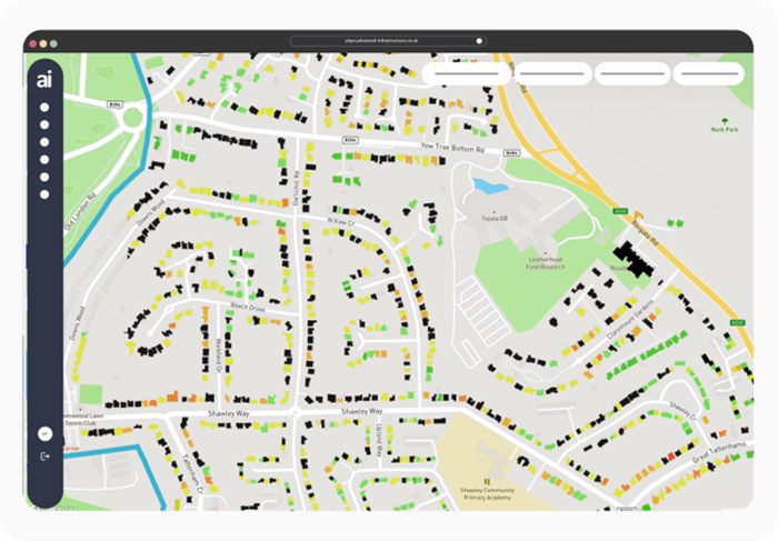 LAEP+ tool representation  for representation purposes only. Ariel view of a map with houses represented as squares, in different colours.