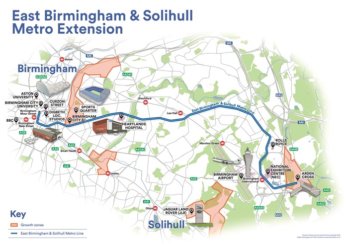 Map showing the proposed route of the East Birmingham North Solihull tram extension